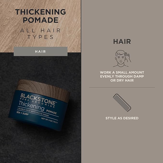 Blackstone Men's Grooming Hair Thickening Pomade - Pliable Hold with Matte Finish | Paraben & Cruelty-Free | Made in USA, Sea + Surf Scent (4 Oz, 2 Pack)