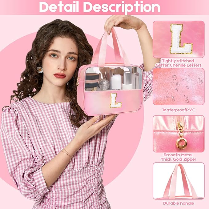 Personalized Initial Clear Makeup Bag Pink Cosmetic Bag Set Large Travel Toiletry Bag, Cute Clear Make Up Bags Organizer Bag for Girlfriend Teacher Gifts Teen Girl Gifts Trendy Stuff E (Pink)