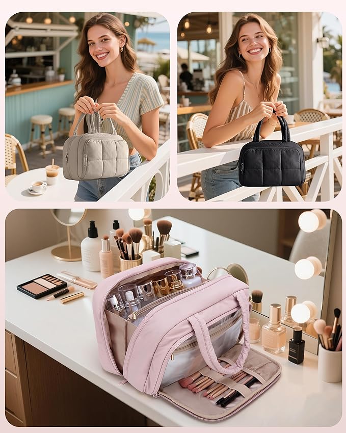 Travel Toiletry Bag for Women with Hanging Hook, Water Resistant Puffy Makeup Organizer with Leak Proof Pockets for Toiletries and Cosmetics - Dark Pink (Bag Only)
