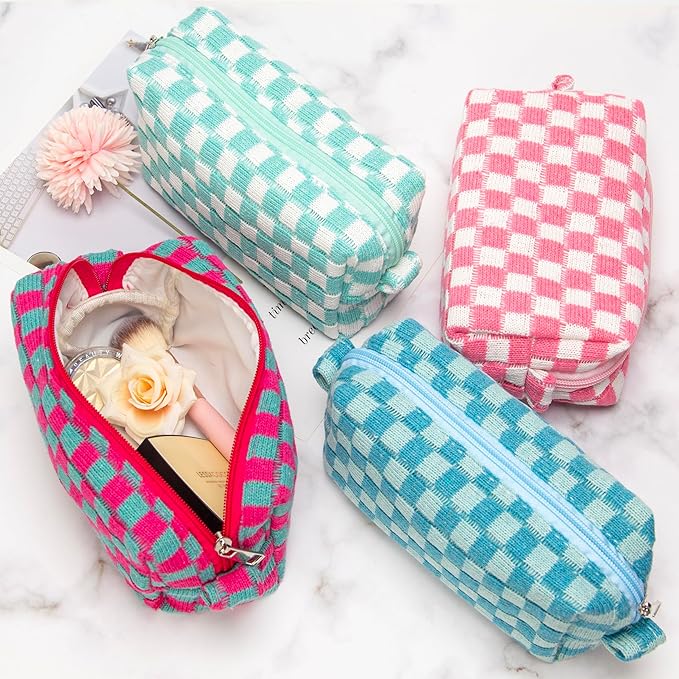 PAZIMIIK Checkered Makeup Bag for Purse Portable Zipper Make Up Pouch Small Cosmetic Case for Travel Accessories (2PCS Pink)