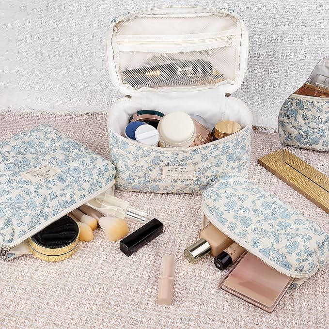 Makeup Bag Set, Quilted Makeup Bag, Large Floral Cosmetic Bag for Women, Cute Cotton Makeup Bags, Flower Travel Toiletry Organizer Bag (Rose Plaid Pattern)
