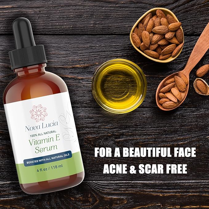 Nova Lucia Organic Vitamin E Oil – Pure Vitamin E for Skin, Face & Hair | Scar & Stretch Mark Treatment, Natural Moisturizer for Soft, Smooth, Hydrated Skin – 4 oz