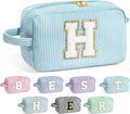 YOOLIFE Initial Makeup Bag - Personalized Monogram Cute Blue Makeup Bag Cosmetic Travel Toiletry Pouch Make Up Case for Women Mom Best Friend Bridesmaid Sister Teacher, Birthday Gifts for Women Her H