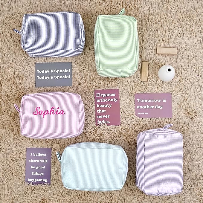 MT WORLD Personalized Cosmetic Bag Cute Makeup Bag for Women Girls Seersucker Bridesmaid Travel Makeup Bag Aesthetic Toiletry Bag Organizer Storage Pouch (Aqua)