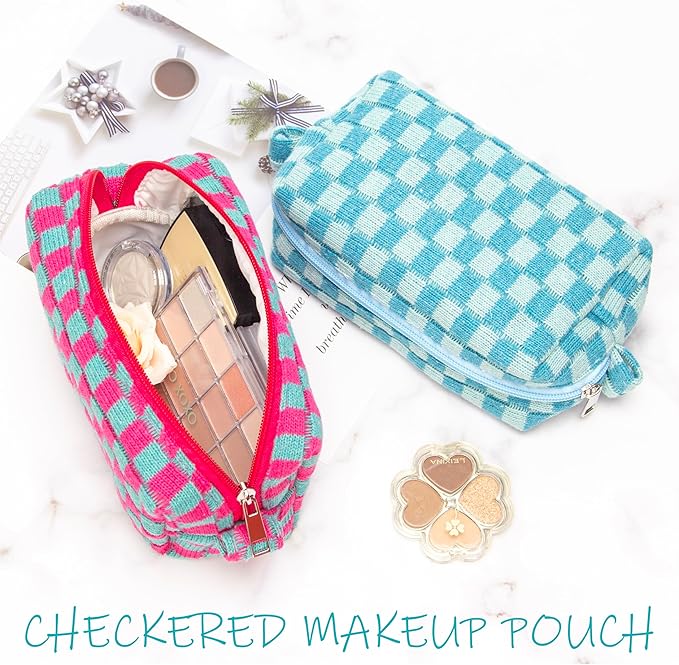 PAZIMIIK Checkered Makeup Bag for Purse Portable Zipper Make Up Pouch Small Cosmetic Case for Travel Accessories (6PCS Magenta Green)