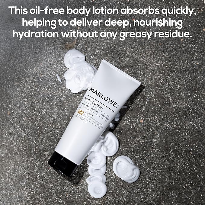 MARLOWE. No. 002 Santal Body Lotion 8 Oz, Moisturizing & Nourishing Daily Dry Skin Lotion for Men, Made with Hydrating Natural Aloe Vera, Non-Oily, Warm Amber, Sandalwood & Citron Scent, Vegan