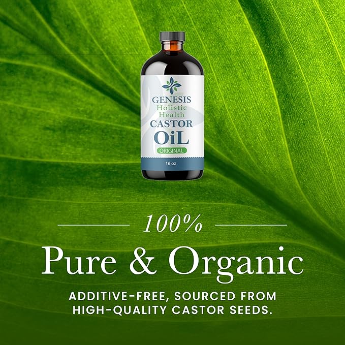 Genesis Holistic Health Organic Castor Oil – 100% Pure, Cold Pressed, Hexane Free – Nourishing Hair & Skin Oil – Eyelash & Eyebrow Growth, Deep Moisturizer – 16 oz Glass Bottle