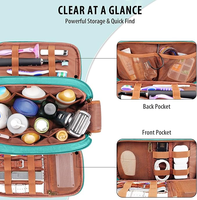 Travel Toiletry Bag for Men, Large Hanging Toiletries Organizer Bags for Women, Cruise Ship Essentials, Water-resistant Shaving Case, PU Leather Makeup Accessories, Cosmetic Dopp Kit, Lake Blue