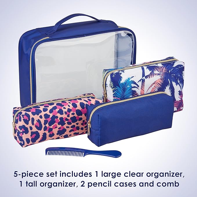 Conair Women's 5 Piece Toiletry and Cosmetic Bag, Blue Palm, 1 Count (Pack of 2)