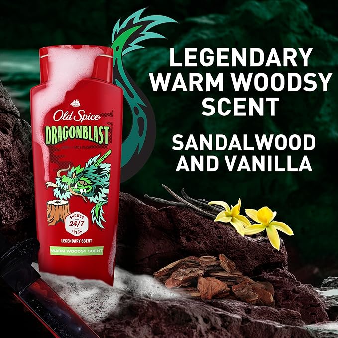 Old Spice Cleansing Body Wash for Men, 3X Defense, 24/7 Shower Fresh with Lasting Scent, 2-in-1 Body & Face Wash, Dragonblast Scent, 24 oz (Pack of 4)