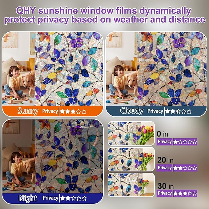 Stained Glass Window Privacy FilmDecorative Rainbow Static Clings -ldeal for Home &Office,Adhesive-Free,Removable, Uv-Blocking (Purple Rainbow, 45.2 X 157.4 in)