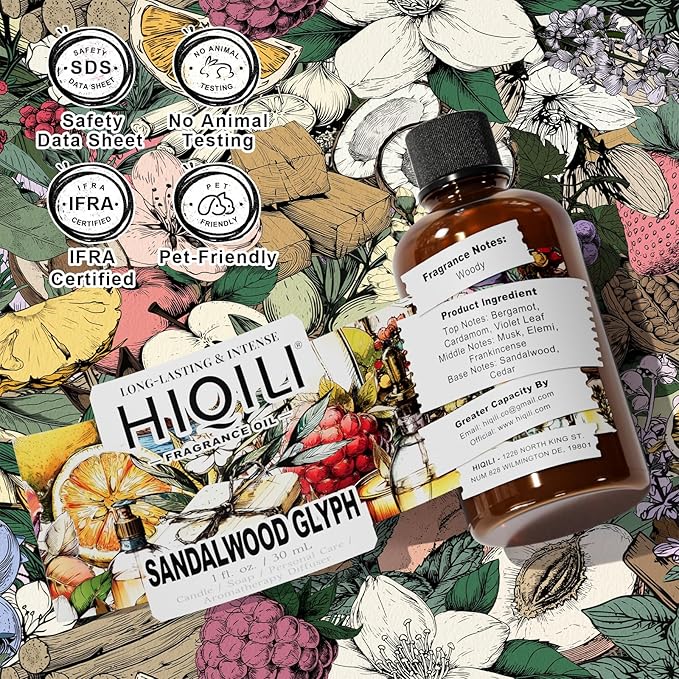 HIQILI Sandalwood Glyph Fragrance Oil for Candle & Soap Making, DIY Perfume, Essential Oil Diffuser for Home, Santal Dan Sha - 1 Fl Oz