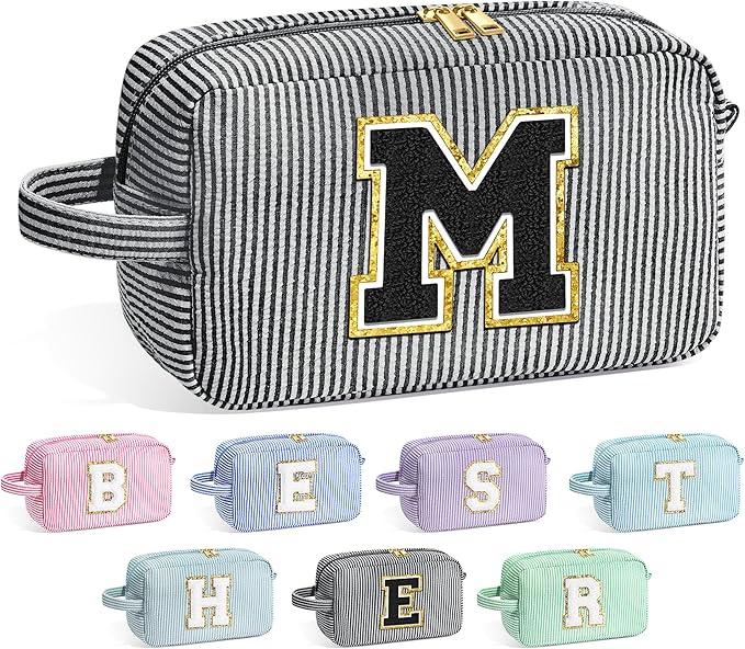 YOOLIFE Teen Girls Gifts Trendy Stuff - Birthday Gifts for 5 6 7 8 9 10 11 12 Year Old Girls Kids, Initial Makeup Bag for Teen Girl Kids Cosmetic Toiletry Pouch, Black M