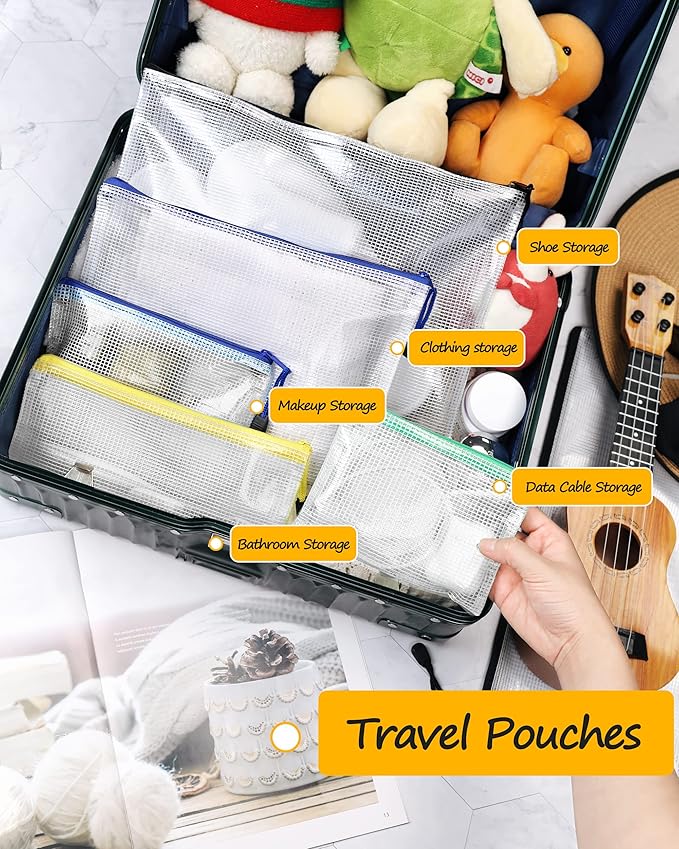 SUNEE Mesh Zipper Pouch 9.2x12.5 in (6 Colors, 24 Packs),Extra Large Water-Resistant Zip Bag for School Office Supplies, Puzzles & Games Organizing Storage