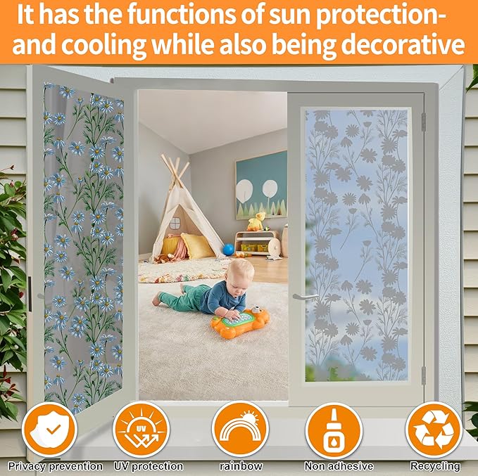 One Way Privacy Film, Window Tint for Home,Daytime Reflective, Anti UV Static Cling Sliding Door Coverings No Glue Garage Solar Paper (Black - Silver-Daisy, 23.6 x 78.7 in)