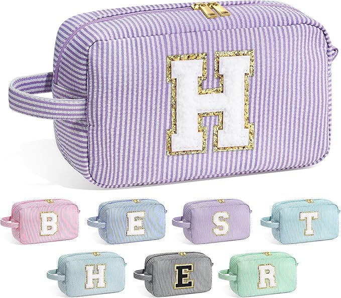 YOOLIFE Initial Makeup Bag - Personalized Monogram Cute Makeup Bag Cosmetic Travel Toiletry Pouch Make Up Case for Women Mom Best Friend Friendship Sister Teacher, Birthday Gifts for Women Her H