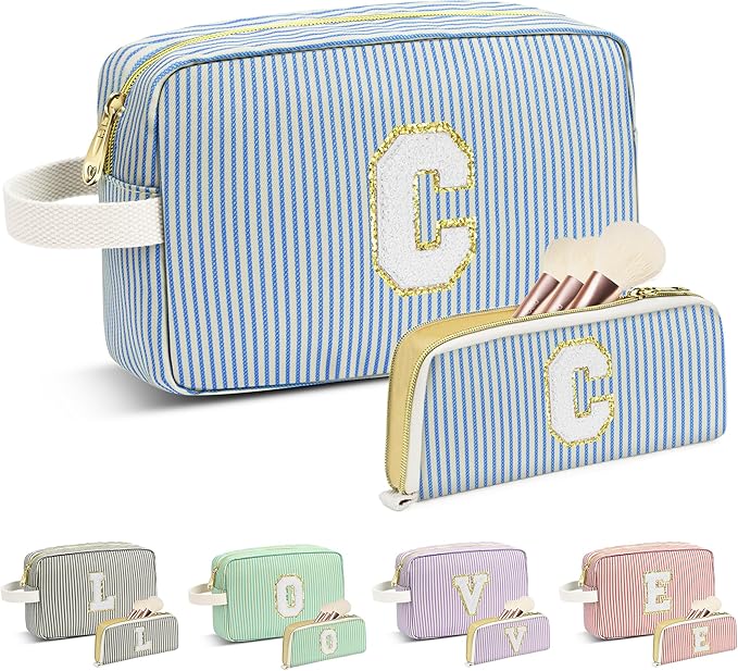 Travel Makeup Bag Christmas Gifts for Women Girl Teens, Personalized Initial Makeup Bag for Cute Teen Girls, Preppy Stuff Toiletry Bag Cosmetic Bag, Teen Girls Gift Trendy Stuff, Letter C