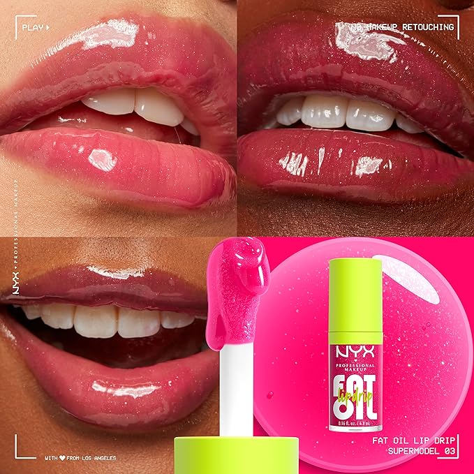 NYX PROFESSIONAL MAKEUP Fat Oil Lip Drip, Moisturizing Lip Oil Gloss, Vegan Tinted Formula, Up to 12 HR Hydration - Supermodel (Shimmering Magenta)