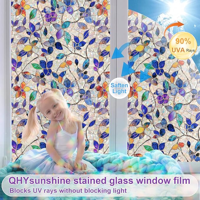 Stained Glass Window Privacy FilmDecorative Rainbow Static Clings -ldeal for Home &Office,Adhesive-Free,Removable, Uv-Blocking (Purple Rainbow, 45.2 X 78.7 in)
