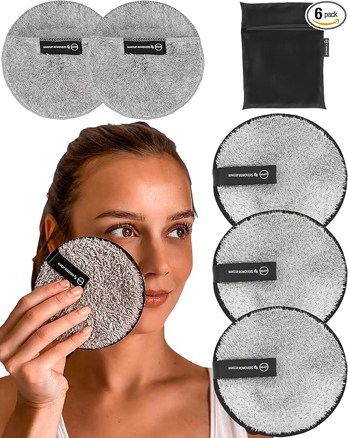 Ogato Reusable Makeup Remover Cloth - 6pc Face Pads, Makeup Eraser Cloth Wipes for All Skin Types - Washable Microfiber Make Up Reusable Cotton Rounds for Face - With Free Laundry Bag