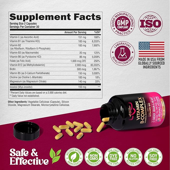 Vitamin B Complex for Men & Women - Riboflavin B2, B12, B1, B3, B5, B6, B7, B8, B9 | Vitamin C, Choline, Inositol - B-Complex Supplement - Energy, Brain & Heart Support - Made in USA, 60 Vegan Caps