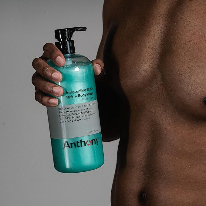 Anthony Mens Body Wash and Shampoo: Invigorating Rush 2-In-1 Liquid Gel Soap & Hair Shampoo, Pine Wood Scent, Hydrating with Eucalyptus, Canadian Balsam, Birch Leaf, Charcoal, Sea Kelp, 32 Fl. Oz