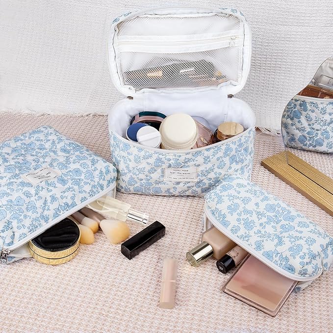 3pc Makeup Bag Set, Quilted Makeup Bag Set, Large Floral Cosmetic Bag for Women, Cute Cotton Makeup Bags, Flower Travel Toiletry Organizer Bag (Large Flower)