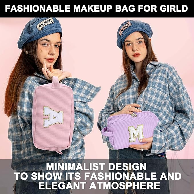 YOOLIFE Purple Makeup Bag Makeup Pouch - Travel Makeup Bag Makeup Bags for Women Travel Essentials Corduroy Makeup Bag Cute Makeup Bag Large Makeup Bag Personalized Friend Gifts Mom Gifts Letter R