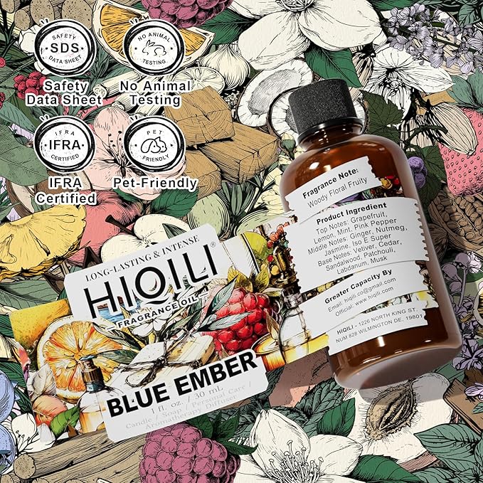 HIQILI Blue Ember Fragrance Oil for DIY Perfume, Body Wash & Candle Making, Long-Lasting Scents for Skin & Hair Care Products, Gifts - 1 Fl Oz