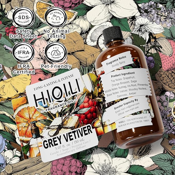 HIQILI Grey Vetiver Fragrance Oil - Perfect for DIY Candle, Soap & Air Freshening Spray Making, and Home Essential Oil Diffuser - 5.07 Fl Oz