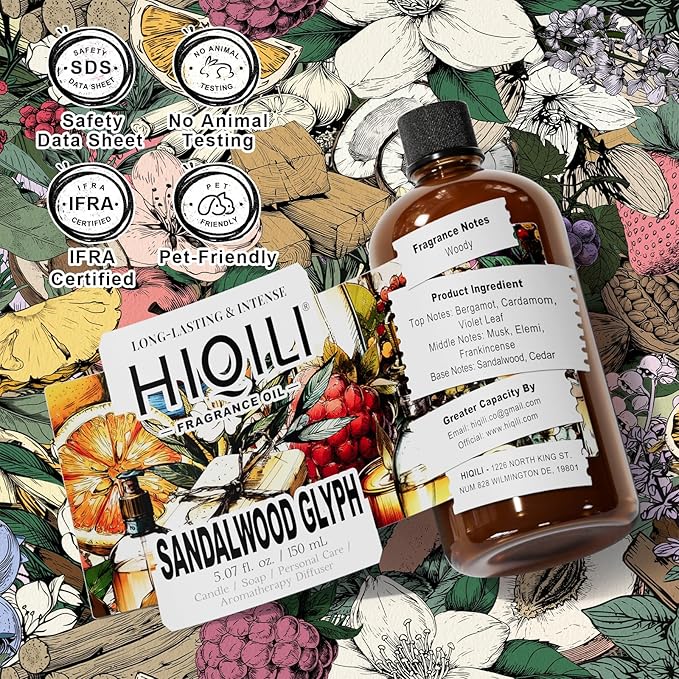 HIQILI Sandalwood Glyph Fragrance Oil for Candle & Soap Making, DIY Perfume, Essential Oil Diffuser for Home, Santal Dan Sha - 5.07 Fl Oz