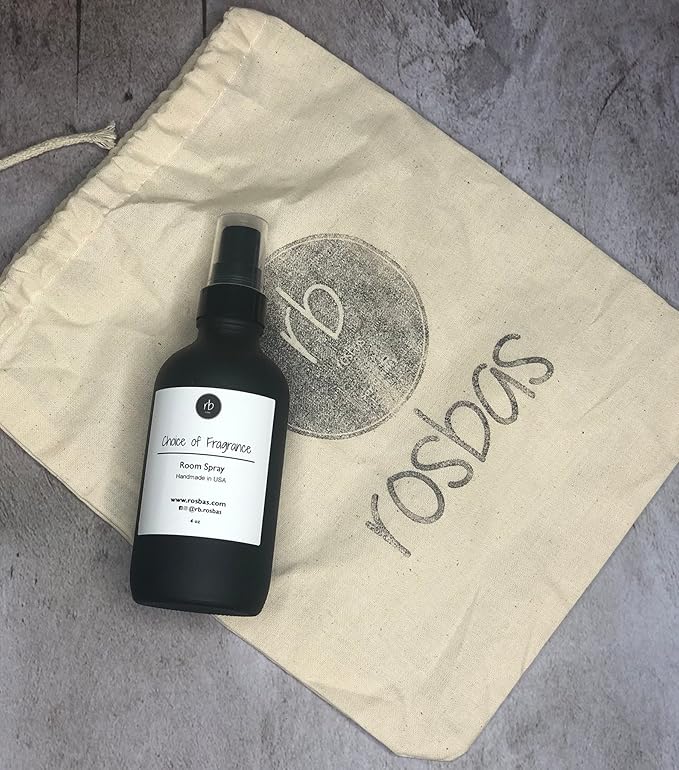 Rosbas Room Spray, Green Tea & Lemongrass Scented, Matte Black Glass Bottle, 4 oz, Fresh Natural Ingredients,Drawstring Cotton Bag, Long Lasting Scented Air Freshener, Non-Aerosol, Handmade in USA